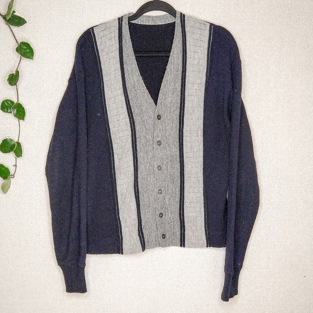 Vintage Black Grey Grandpa Dad Vertical Stripe Button Front Cardigan Sweater L